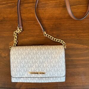 Michael Kors Monogram White, Gray and Gold Crossbody